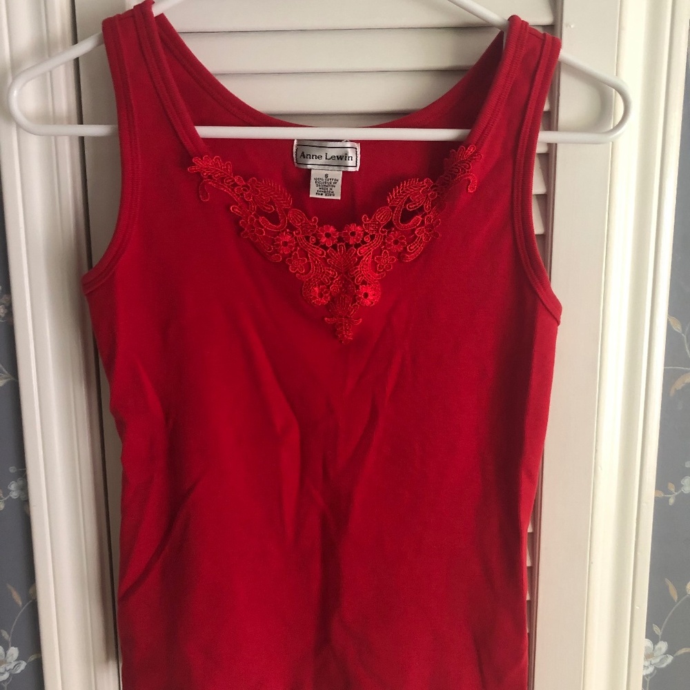 Anne Lewin Red Tank Top with Floral Lace Embellishment, Size Small